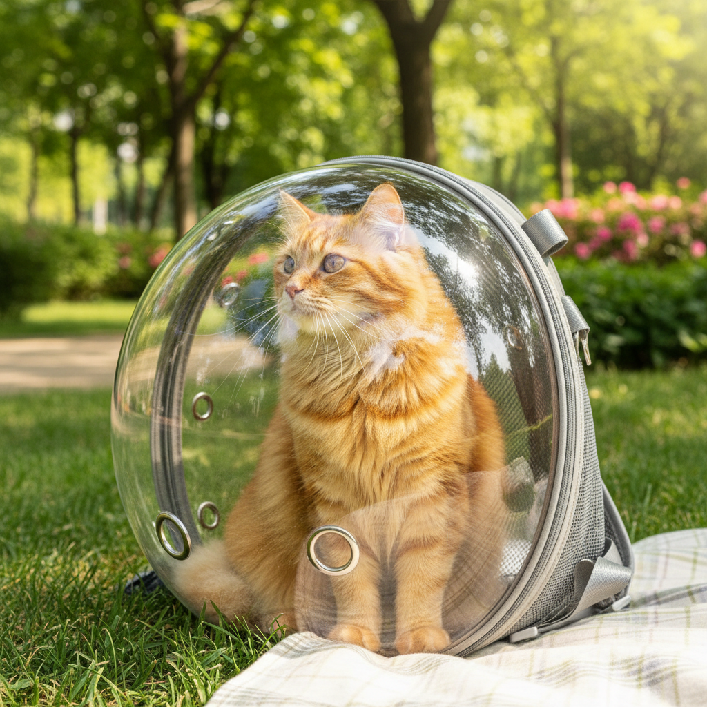 햇살이 내리쬐는 공원에서 투명한 우주선 캡슐형 반려동물 백팩 안에 앉아 밖을 구경하는 귀여운 치즈 고양이의 고화질 정면 사진. 고양이의 털 질감과 투명 창에 비친 풍경이 선명하게 표현됨.