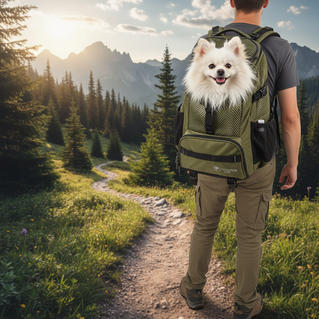 등산로를 배경으로 튼튼한 메쉬 소재의 반려동물 백팩을 메고 있는 하이커의 뒷모습. 백팩 상단으로 고개를 내밀고 즐거운 표정을 지은 소형견 포메라니안의 생생한 모습.