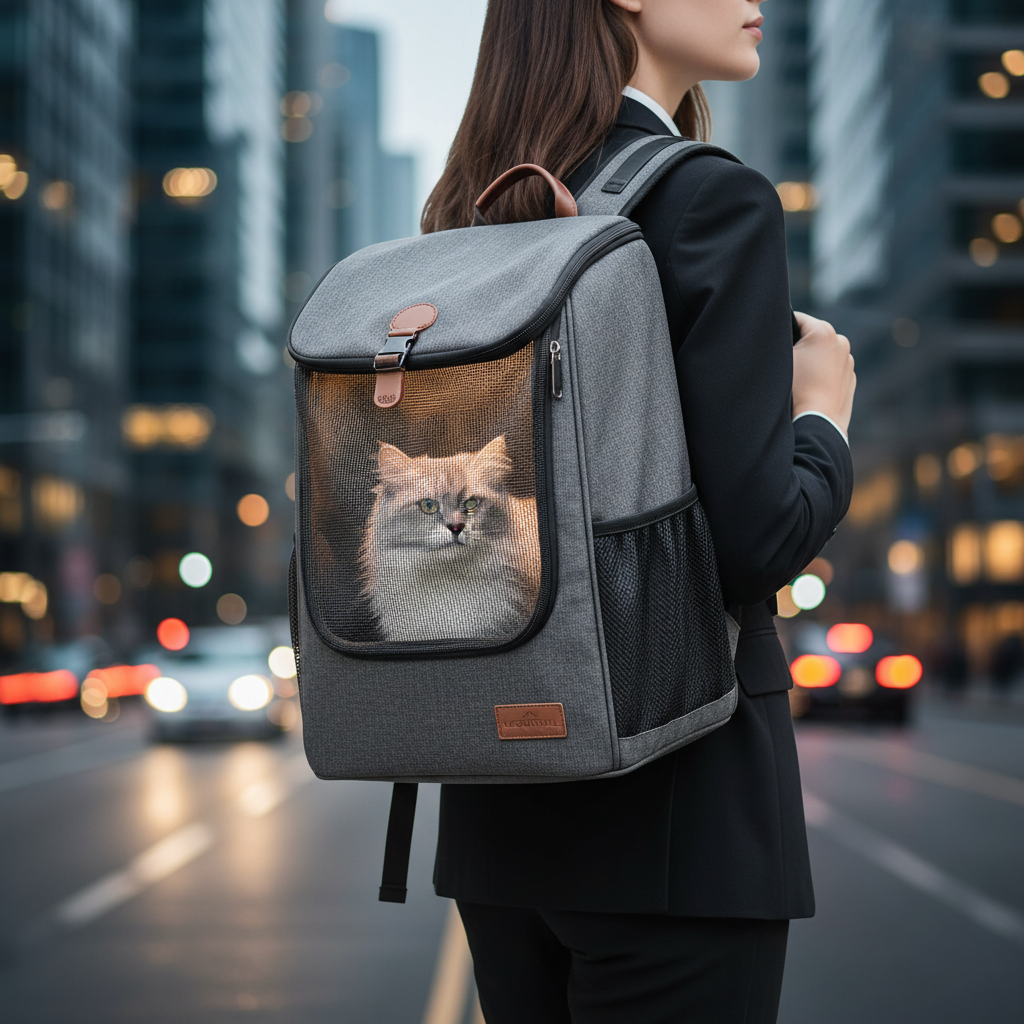 현대적인 도시의 거리에서 세련된 그레이 색상의 미니멀한 반려동물 백팩을 착용한 사람의 옆모습. 도시의 보케 배경과 함께 백팩의 통기성 메쉬 창이 강조된 전문적인 제품 사진 스타일.