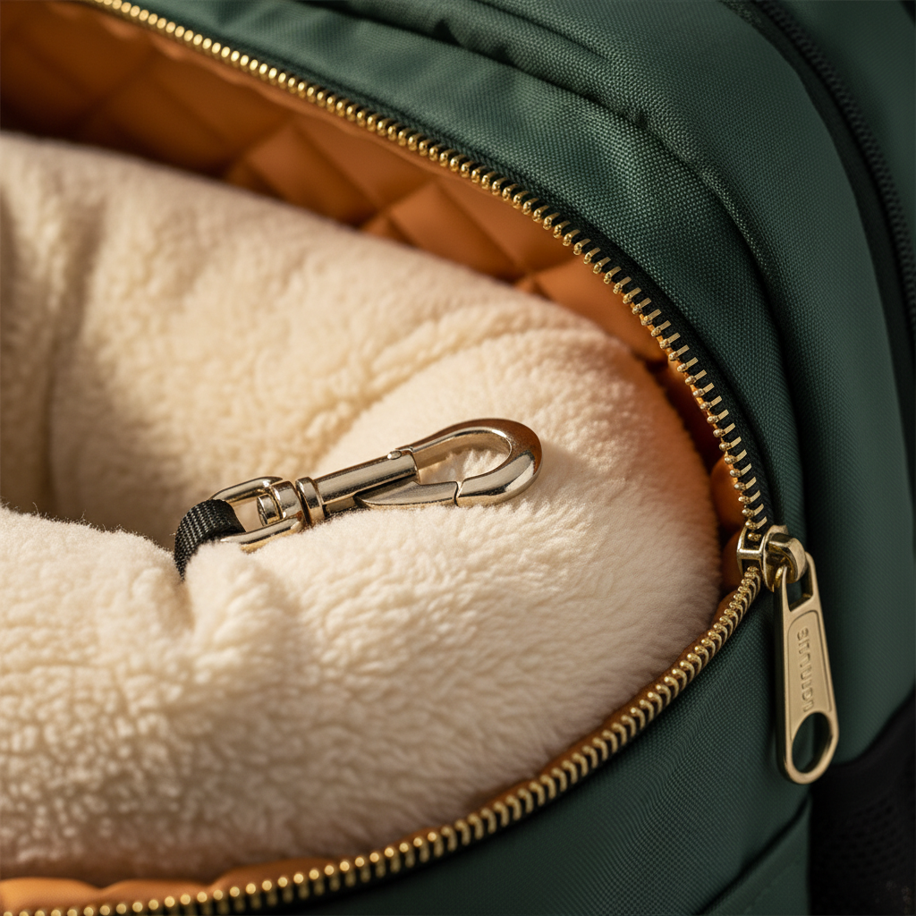 반려동물 백팩의 내부 쿠션과 안전 고리, 지퍼 디테일을 강조한 근접 매크로 촬영. 부드러운 소재의 질감이 느껴지는 따뜻하고 아늑한 분위기의 조명.