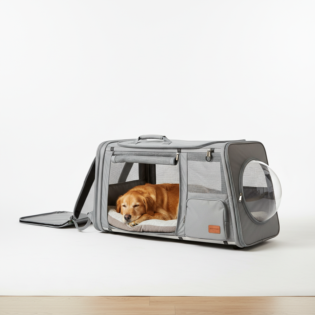 밝고 깨끗한 실내 스튜디오에서 확장형 반려동물 백팩이 펼쳐진 모습. 넓어진 공간 안에서 편안하게 누워있는 강아지와 백팩의 견고한 구조가 돋보이는 고해상도 이미지.