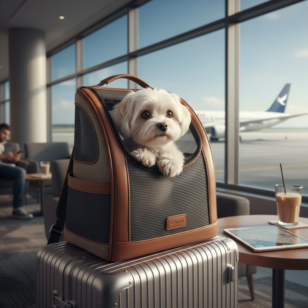 공항 대기실에서 캐리어 위에 놓인 이동식 반려동물 백팩. 창밖의 비행기를 배경으로 백팩 안에서 호기심 어린 눈빛으로 밖을 내다보는 몰티즈의 감성적인 사진.