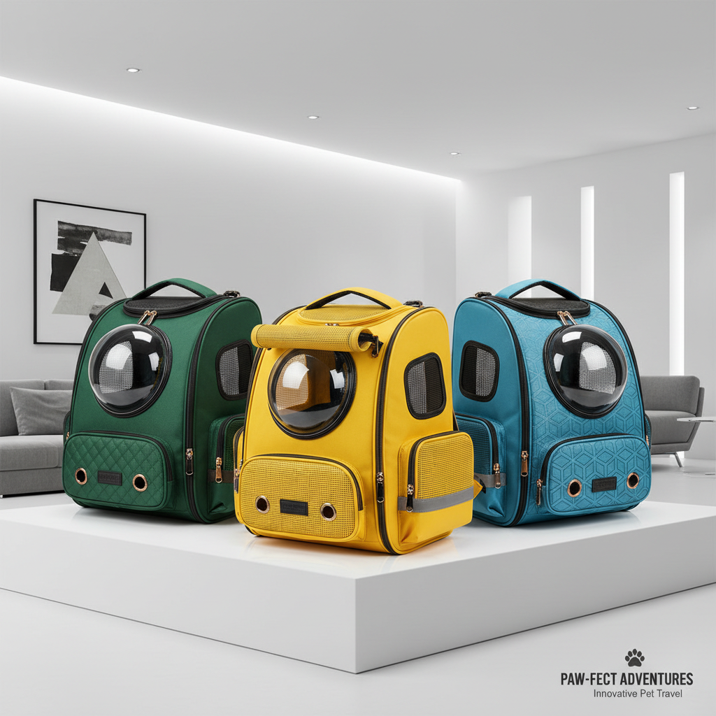 다양한 색상과 디자인의 반려동물 백팩 3종이 화이트 배경의 현대적인 거실에 나란히 진열된 모습. 제품의 디자인적 차이와 세련된 색감이 강조된 상업용 카탈로그 스타일.